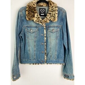 Y2K XOXO Fur Collar Denim Jacket L Faux Fur Leopard Vintage Bratz Retro Edgy